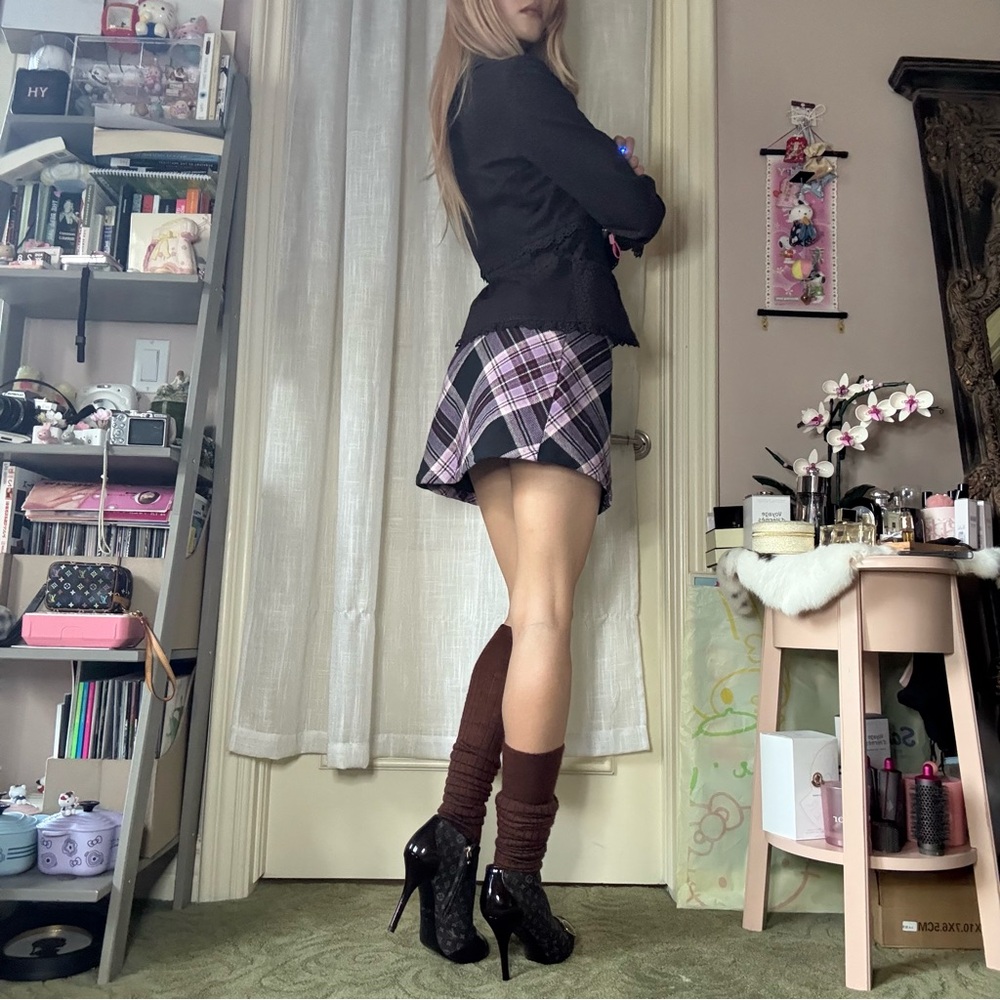 Size XS Unif Witz Pink & Black Plaid Wrap Mini Skirt - Picture 3 of 13